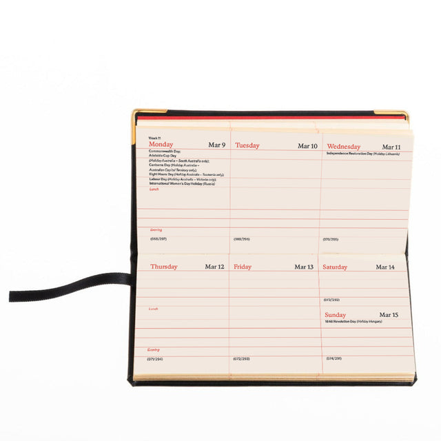 2027 Calendar Year Planner - 12 Month (120mm x 60mm) Week-to-View Diary - Luxury Italian Leather Cover in Black - The Economist Mini Diary Range (EMDBLK-27)