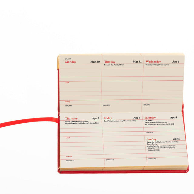 2027 Calendar Year Planner - 12 Month (120mm x 60mm) Week-to-View Diary - Luxury Italian Leather Cover in Red - The Economist Mini Diary Range (EMDR-27)