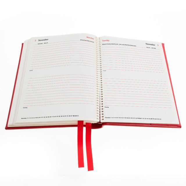 2027 Calendar Year Planner – 12 Month (260 x 210mm) Day-to-Page Diary – Luxury Leather Cover in Red - The Economist Desk Diary Range (EPADR-27)