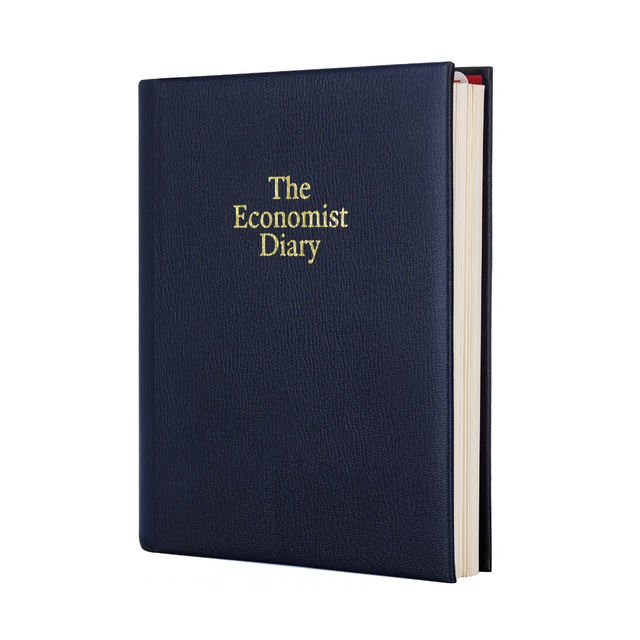 2027 Calendar Year Planner –  12 Month (260 x 210mm) Day-to-Page Diary – Luxury Leather Cover in Blue - The Economist Desk Diary Range (EPADBLU-27)