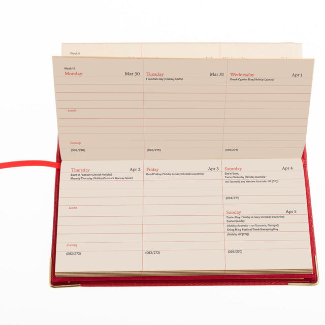 2027 Calendar Year Planner - 12 Month (175mm x 94mm) Week-to-View Diary - Red Fine Grain Leather Cover - The Economist Wallet Diary Range (EWALDR-27)