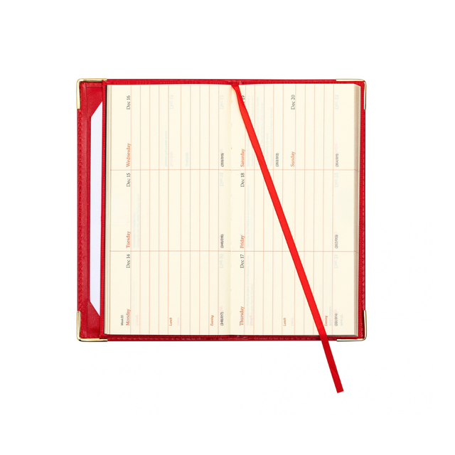 2027 Calendar Year Planner - 12 Month (175mm x 94mm) Week-to-View Diary - Red Fine Grain Leather Cover - The Economist Wallet Diary Range (EWALDR-27)